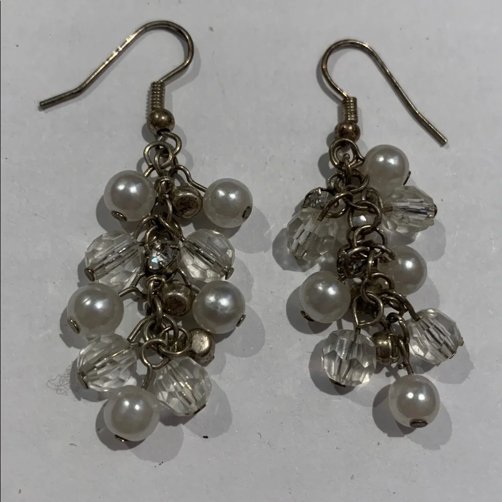 Vintage faux pearl and crystal bead 2” pierced Earrings stainless wires - Picture 2 of 2